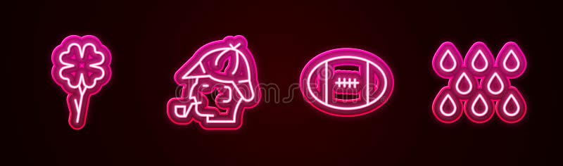 Set line Four leaf clover, Sherlock Holmes, Rugby ball and Water drop. Glowing neon icon. Vector vector illustration