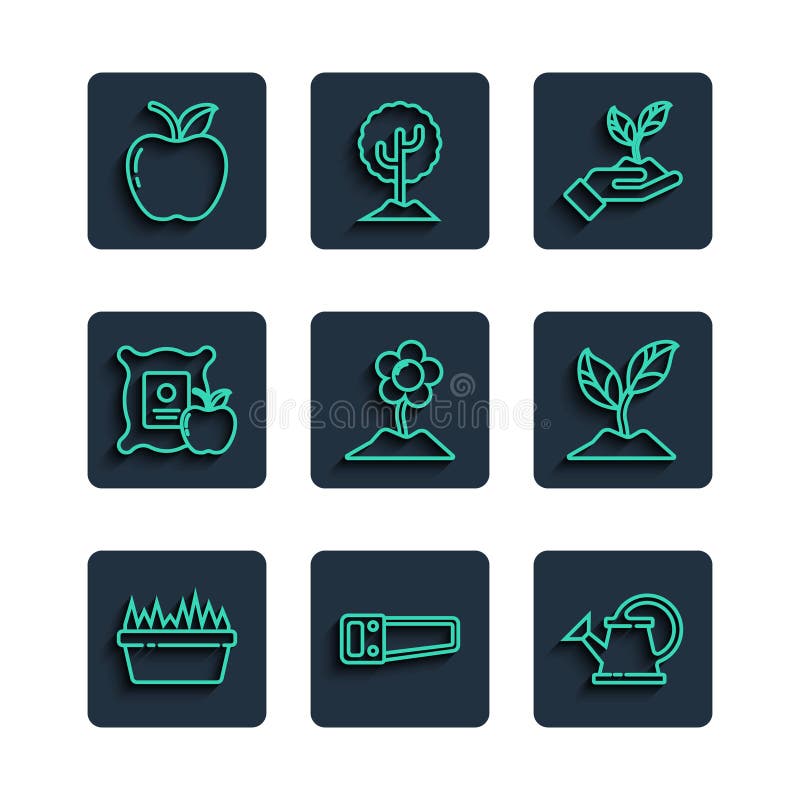 Set line Fresh grass in a rectangular, Hand saw, Watering can, Plant hand of environmental, Flower, Apple the sack, and stock illustration