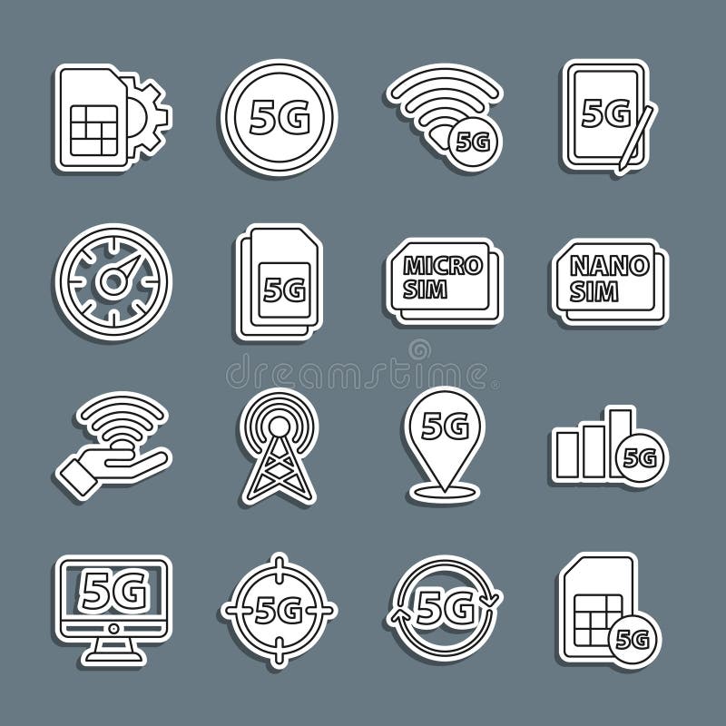 Set line 5G Sim Card, network, Nano, Digital speed meter, card setting and Micro icon. Vector vector illustration