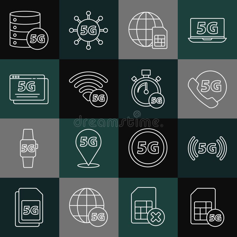 Set line 5G Sim Card, network, Phone with, Globe, Server and Digital speed meter icon. Vector royalty free illustration