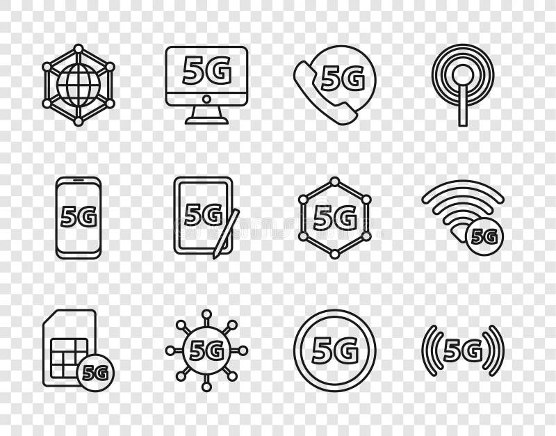 Set line 5G Sim Card, network, Phone with, Social, Graphic tablet, and icon. Vector royalty free illustration