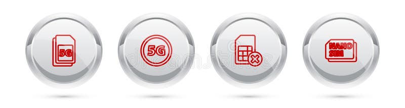 Set line 5G Sim Card, network, card rejected and Nano. Silver circle button. Vector vector illustration