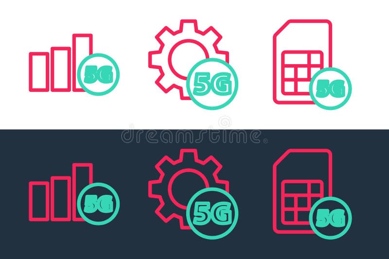 Set line 5G Sim Card, network and Setting icon. Vector royalty free illustration