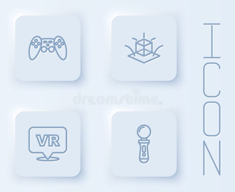 Set line Gamepad, 3d modeling, Virtual reality and VR controller game. White square button. Vector royalty free illustration