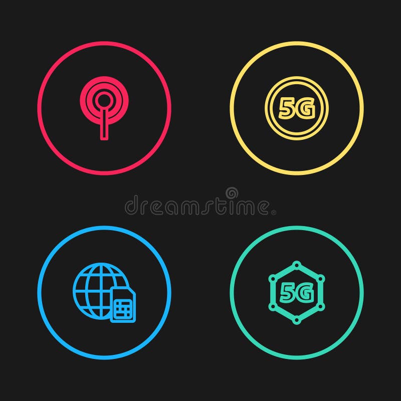 Set line Globe 5G Sim Card, network, and Antenna icon. Vector vector illustration