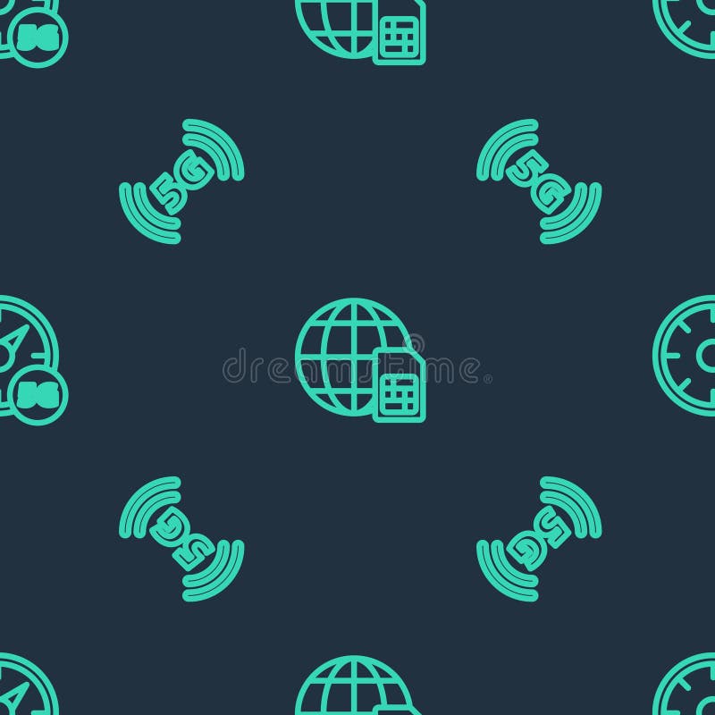 Set line Globe 5G Sim Card, network and Digital speed meter on seamless pattern. Vector vector illustration