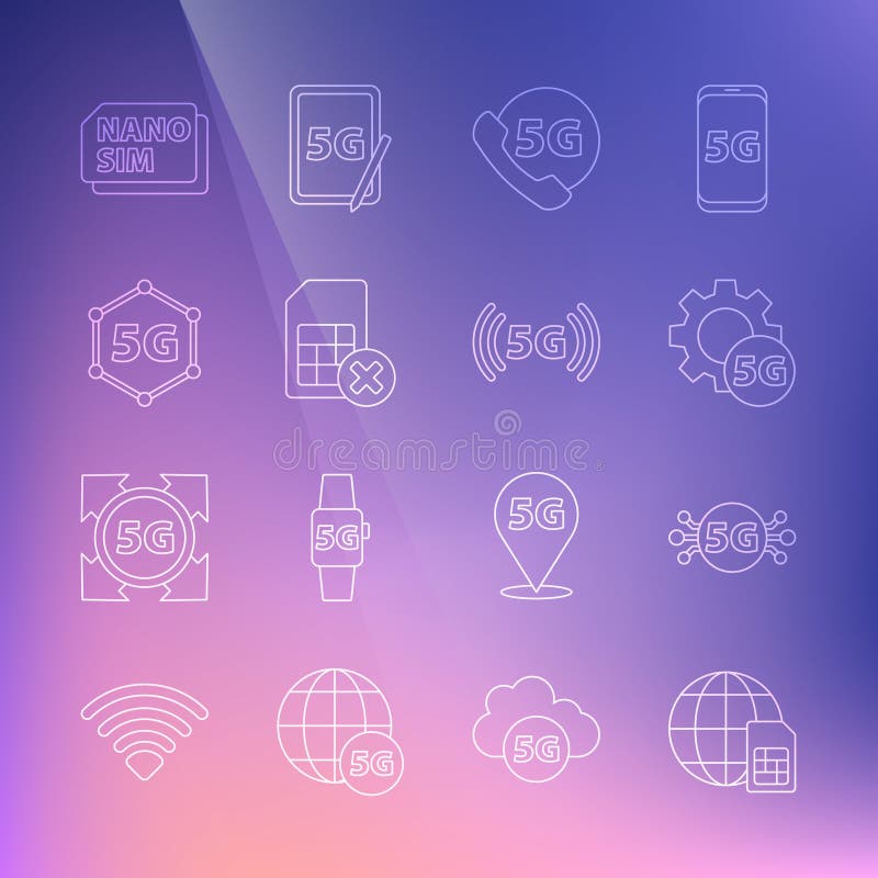 Set line Globe 5G Sim Card, network, Setting, Phone with, card rejected, Nano and icon. Vector vector illustration