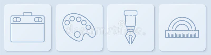 Set line Graphic tablet, Fountain pen nib, Palette and Protractor. White square button. Vector vector illustration