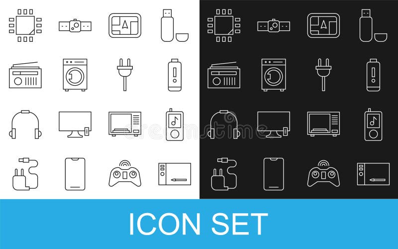 Set line Graphic tablet, Music player, Battery charge level indicator, Gps device with map, Washer, Radio antenna vector illustration