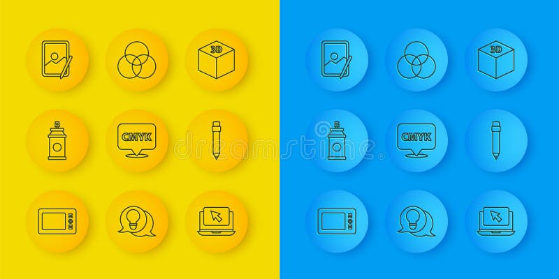 Set line Graphic tablet, Paint spray can, Speech bubble with text CMYK, Laptop and cursor, Pencil eraser, Isometric cube vector illustration