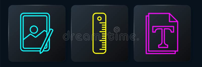 Set line Graphic tablet, Text file document and Ruler. Black square button. Vector royalty free illustration