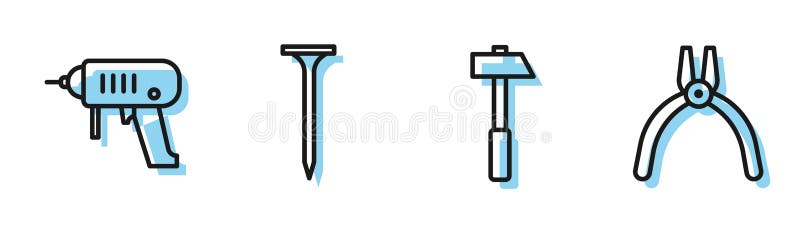 Set line Hammer, Electric drill machine, Metallic nail and Pliers tool icon. Vector