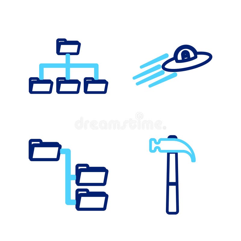 Set line Hammer, Folder tree, UFO flying spaceship and alien and icon. Vector royalty free illustration
