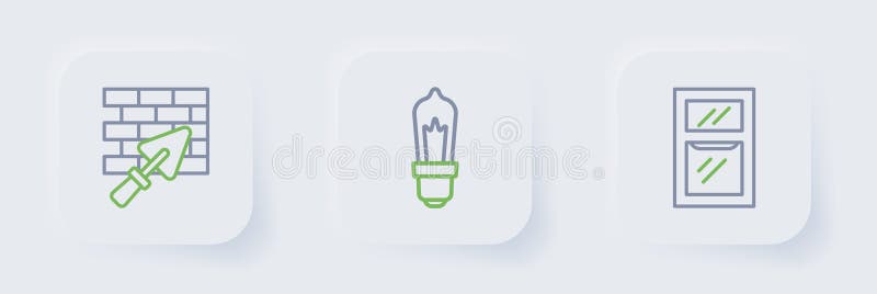 Set line Hammer and wrench spanner, Light bulb and Brick wall with trowel icon. Vector royalty free illustration