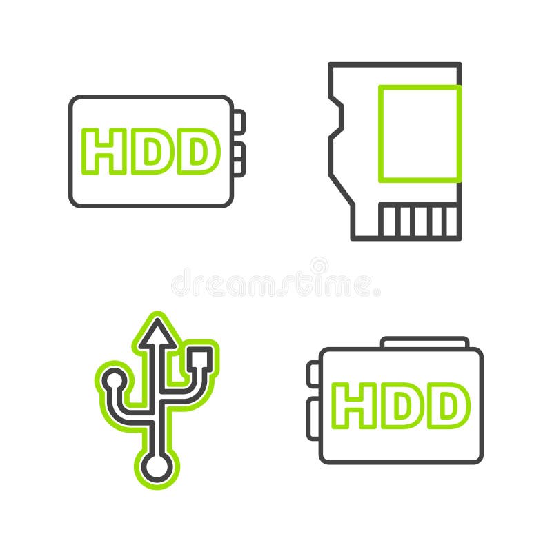 Setați cardul USB sd și pictograma pentru hard disk pe linie. vector stock illustration