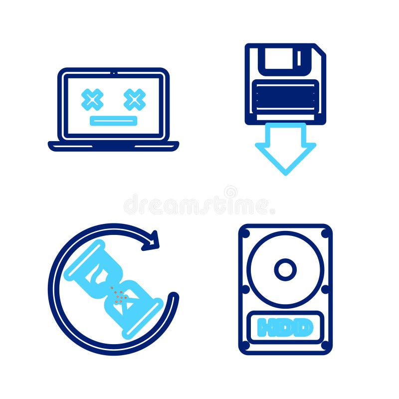 Setați hard disk-ul pe linie, așteptând backup pe floppy și pictograma notebook-ului mort. vector stock illustration