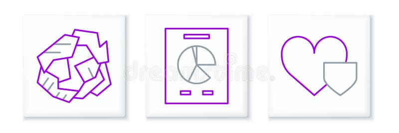 Set line Heart with shield, Crumpled paper ball and Document graph chart icon. Vector vector illustration