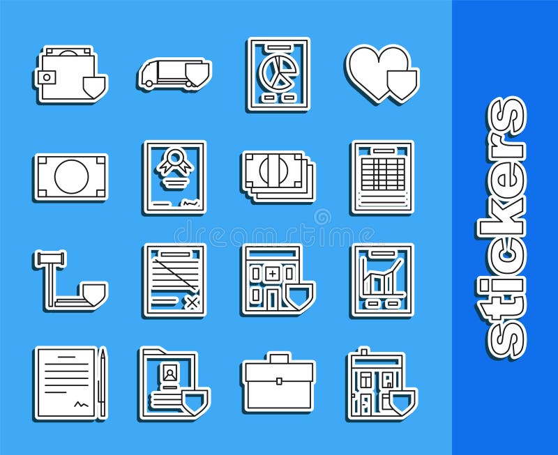 Set line House with shield, Document graph chart, Report file document, Certificate template, Stacks paper money cash stock illustration