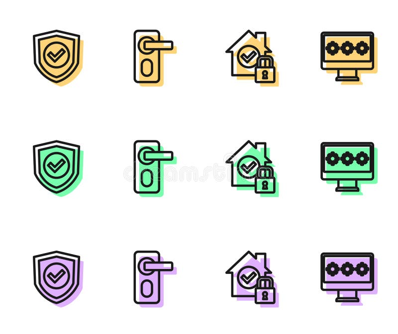 Set line House under protection, Shield with check mark, Fingerprint door lock and Monitor password icon. Vector stock illustration