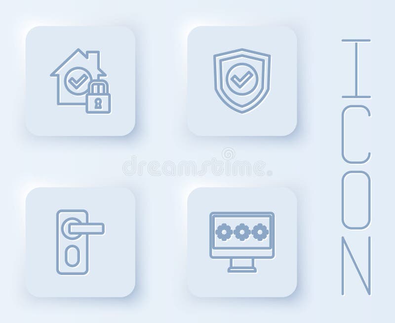 Set line House under protection, Shield with check mark, Fingerprint door lock and Monitor password. White square button stock illustration