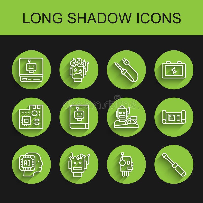 Set line Humanoid robot, Broken, Robot, Screwdriver, User manual, blueprint and humanoid driving car icon. Vector royalty free illustration