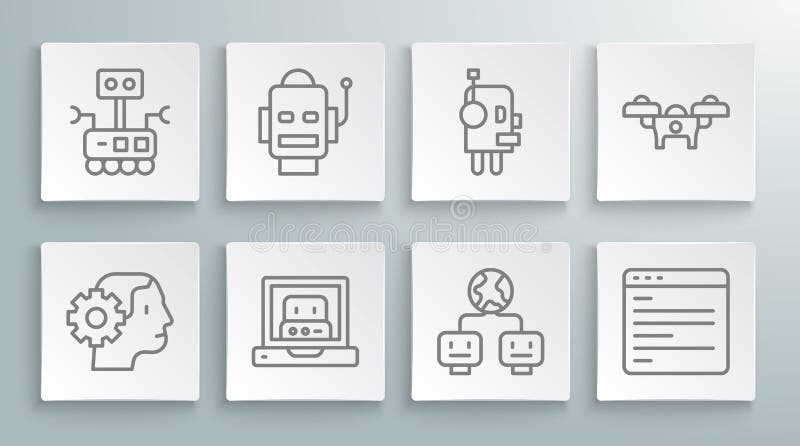 Set line Humanoid robot, Robot, Creating, Artificial intelligence, Computer api interface, Drone and icon. Vector stock illustration
