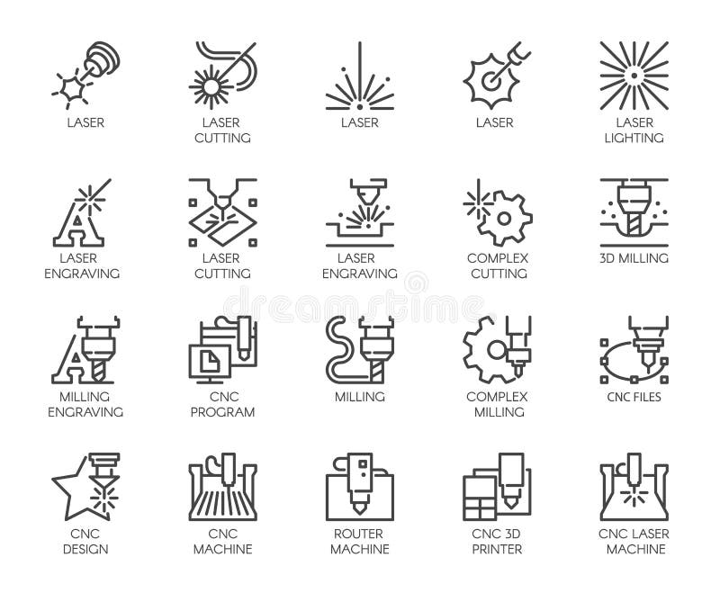 Set of 20 line icons in series of laser cutting. Computer numerical controlled printer, 3D milling machine vector illustration