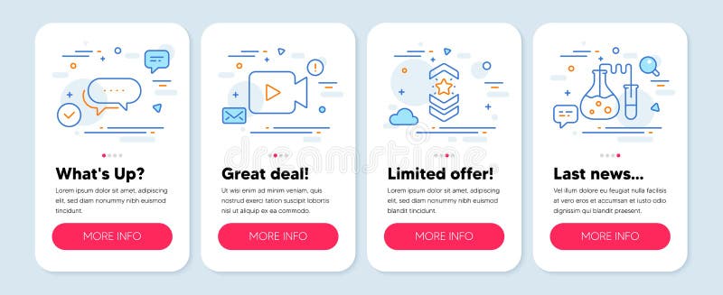 Set of line icons, such as Video camera, Shoulder strap, Dots message symbols. Chemistry lab line icons. Vector vector illustration