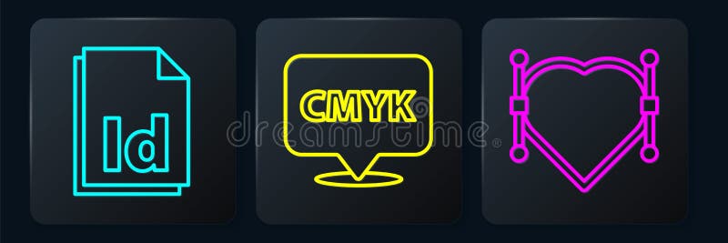 Set line ID File document, Heart with Bezier curve and Speech bubble with text CMYK. Black square button. Vector.