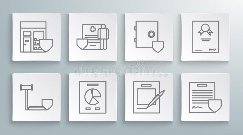 Set line Judge gavel with shield, Medical clipboard clinical record, Document graph chart, Blank notebook and pen royalty free illustration