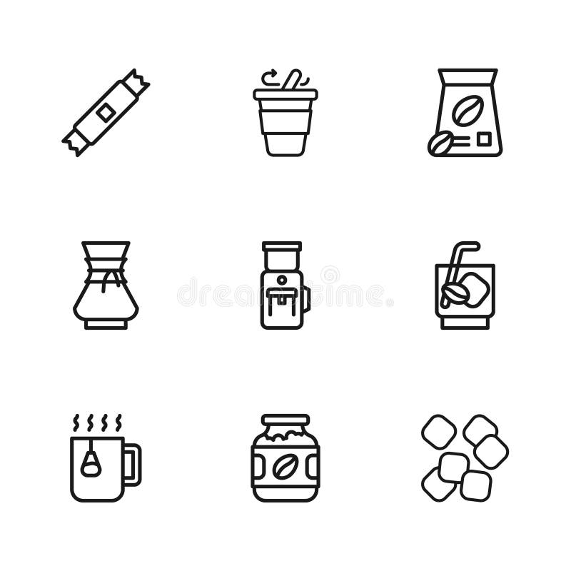 Set line Coffee jar bottle Espresso tonic coffee Sugar cubes Electric grinder Bag beans stick packets cup go and Pour over maker icon. Vector. Set line Coffee jar bottle Espresso tonic coffee Sugar cubes Electric grinder Bag beans stick packets cup go and Pour over maker icon. Vector.