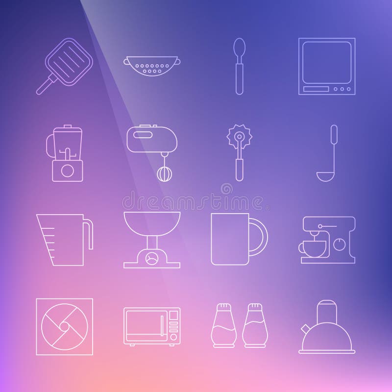 Set line Kettle with handle, Electric mixer, Kitchen ladle, Spoon, Blender, Frying pan and Pizza knife icon. Vector vector illustration