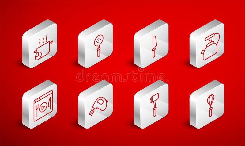 Set line Kitchen whisk, Spatula, Knife, Kettle with handle, hammer, Cooking pot, Electric mixer and live streaming icon royalty free illustration