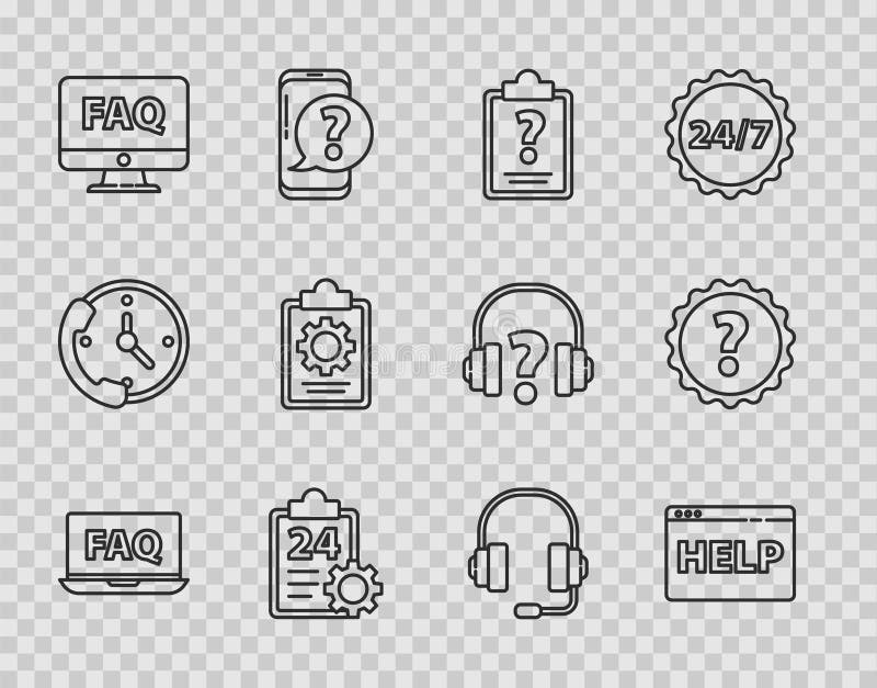Set line Laptop and FAQ, Browser help, Clipboard with question marks, Checklist 24 hours service, Computer monitor. Set line Laptop and FAQ Browser help Clipboard with question marks Checklist 24 hours service Computer monitor Headphones and Question icon. Vector.