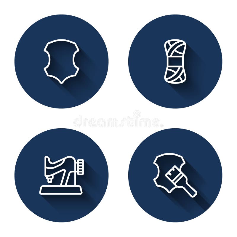 Set line Leather, Yarn, Sewing machine and with long shadow. Blue circle button. Vector vector illustration