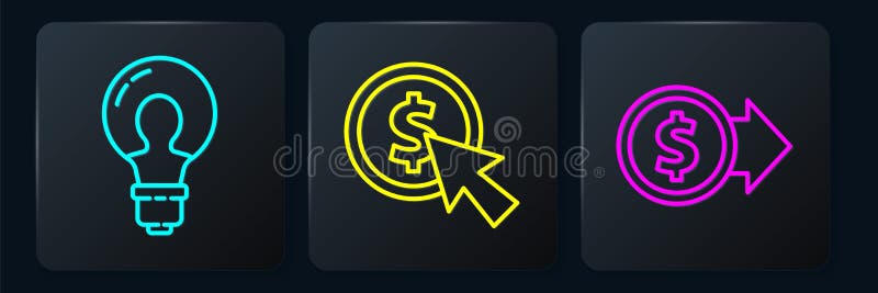 Set line Light bulb with concept of idea, Coin money with dollar and Cursor and coin. Black square button. Vector stock illustration