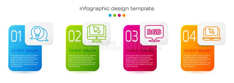 Set line Light bulb with concept of idea, Computer monitor and cursor, Speech bubble with RGB and CMYK and Laptop and stock illustration