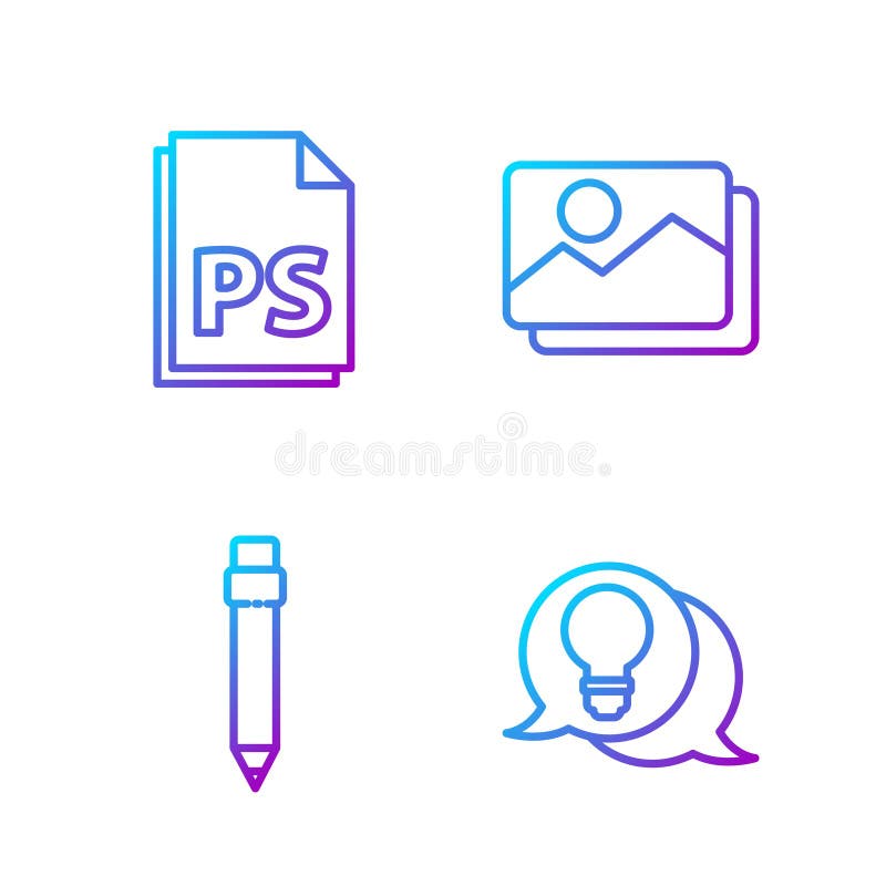 Set line Light bulb with concept of idea, Pencil with eraser, PS File document and Picture landscape. Gradient color stock illustration