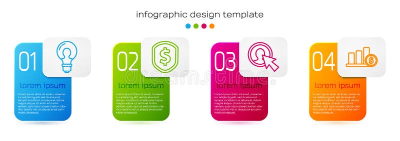 Set line Light bulb with concept of idea, Shield with dollar, User of man in business suit and Pie chart infographic and vector illustration