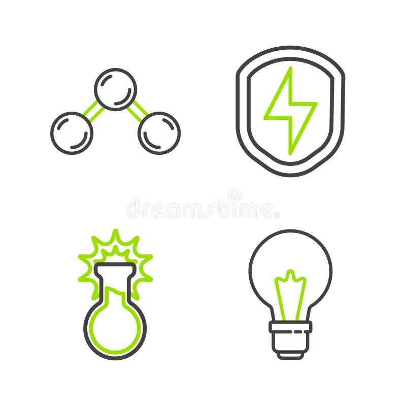 Set line Light bulb with concept of idea, Test tube and flask, Secure shield lightning and Molecule icon. Vector vector illustration