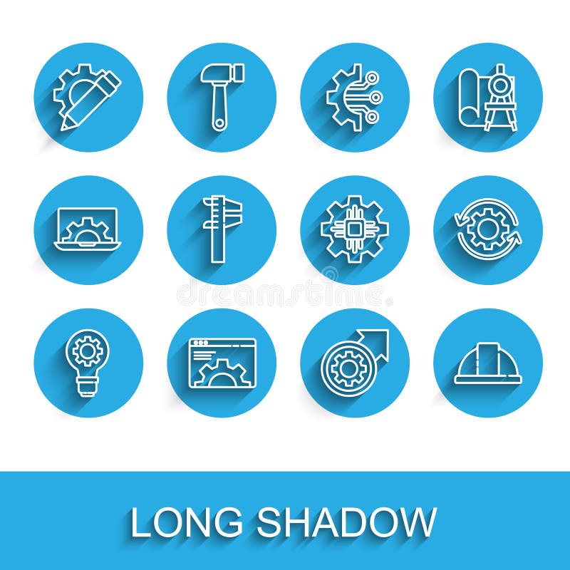 Set line Light bulb and gear, Browser setting, Pencil, Gear arrows as workflow process, Worker safety helmet, Calliper stock illustration