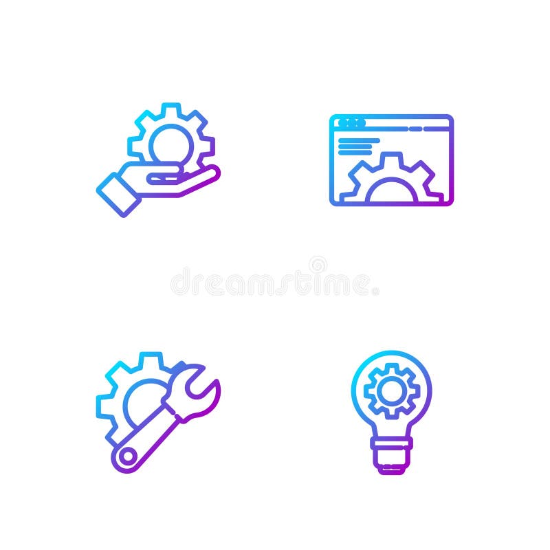 Set line Light bulb and gear, Wrench spanner, Settings in the hand and Browser setting. Gradient color icons. Vector royalty free illustration