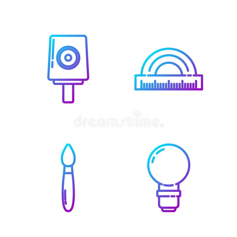 Set line Light bulb, Paint brush, Spray can nozzle cap and Protractor. Gradient color icons. Vector stock illustration