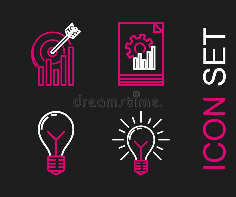 Set line Light bulb with rays shine and concept of idea, Document graph chart and Target icon. Vector royalty free illustration
