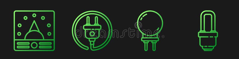 Set line Light emitting diode, Ampere meter, multimeter, voltmeter, Electric plug and LED light bulb. Gradient color vector illustration