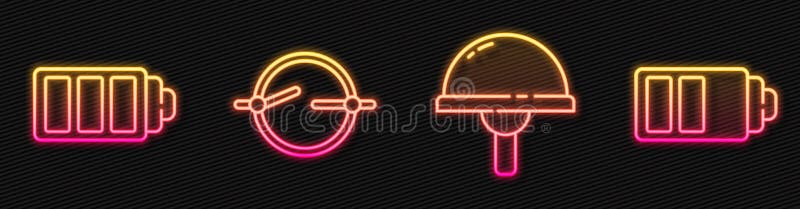 Set line Light emitting diode, Battery charge level indicator, Electric circuit scheme and Battery charge level vector illustration