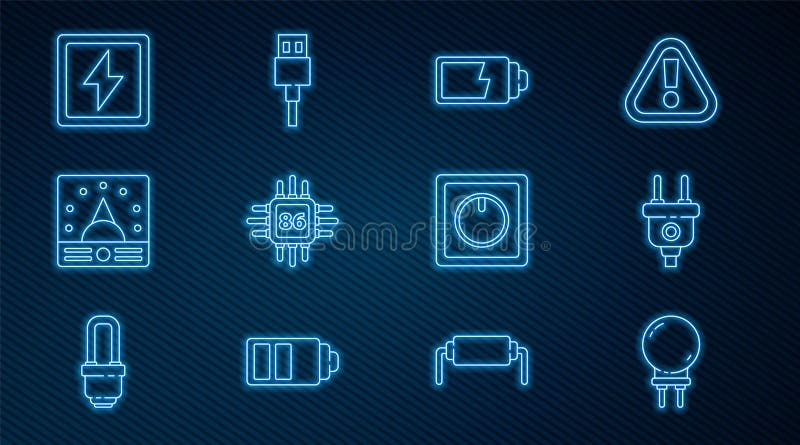 Set line Light emitting diode, Battery charge level indicator, Processor with microcircuits CPU, Ampere meter. Set line Light emitting diode Battery charge level indicator Processor with microcircuits CPU Ampere meter multimeter voltmeter Lightning bolt light switch and USB cable cord icon. Vector.