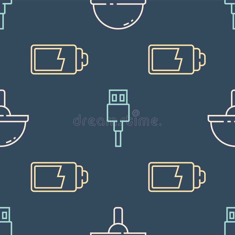 Set line Light emitting diode, Battery charge level indicator and USB cable cord on seamless pattern. Vector royalty free illustration