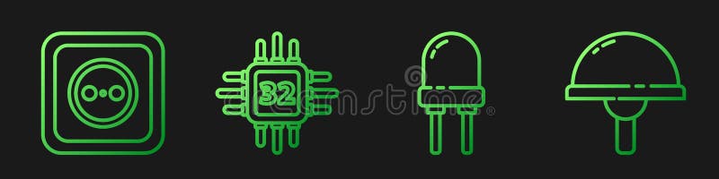 Set line Light emitting diode, Electrical outlet, Processor with microcircuits CPU and Light emitting diode. Gradient vector illustration