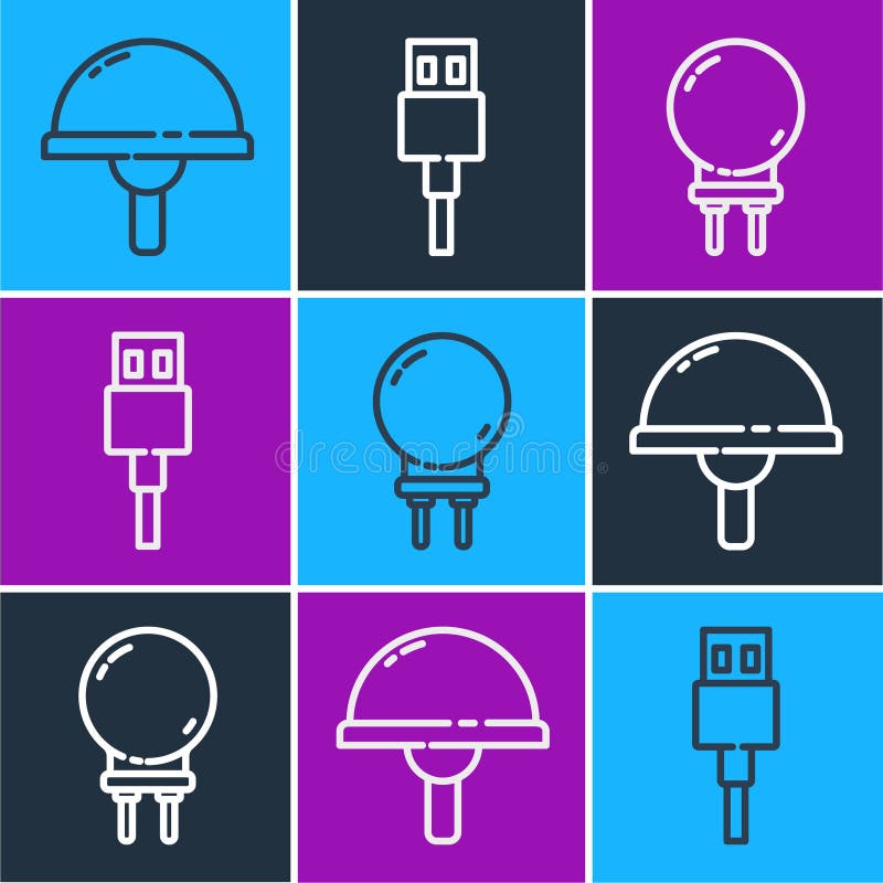 Set line Light emitting diode, Light emitting diode and USB cable cord icon. Vector stock illustration